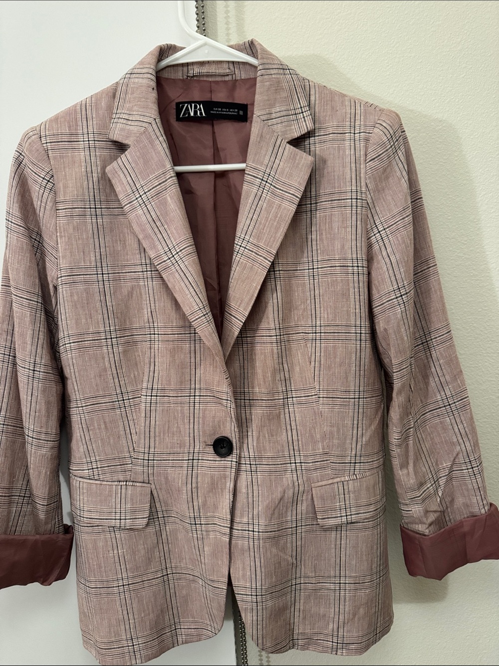 Zara Dusty Rose Plaid Single-Button Blazer